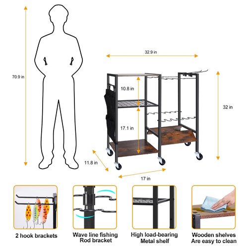 NAICKUC Fishing Rod Holders for Garage, Pole Holders with Wheels for 12-Rods, Fishing Rod Rack with 3 Tier Storage Organizer, Fishing Gear Equipment Organizer Cart, Ideal Gifts for Men Dad