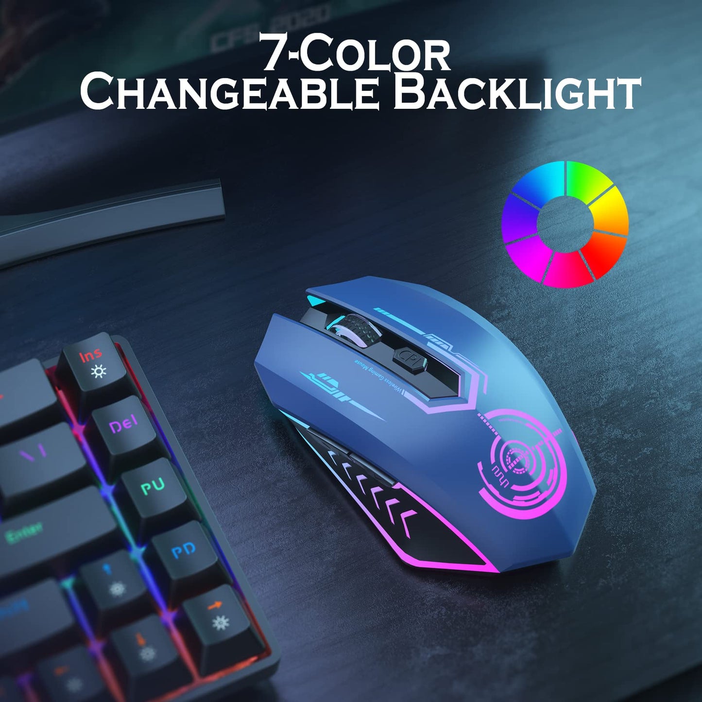 UHURU Wireless Gaming Mouse Up to 12000 DPI, Rechargeable USB-C Wireless Mouse with 7 Buttons 7 Dynamic LED Color Ergonomic Programmable MMO RPG for PC Laptop, Compatible with Windows Mac