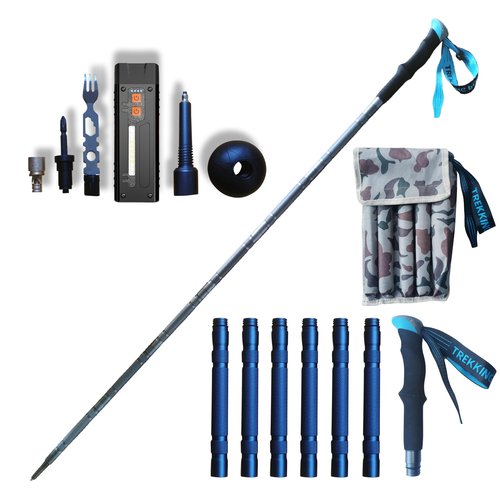 Versatile Trekking Pole with Accessories - Ideal for Hiking with Excellent Foam Grip Lightweight, Durable Tungsten Carbon Tip. Adjustable Length, Collapsible, Internal Storage, Canvas Carry Bag