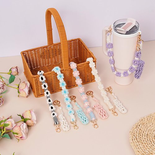 PWMENLK Premium Charms Stanley Cup Accessories, Versatile Cup Holder with Strap for 14oz, 30oz, 43oz Water Bottle, Braided Flower Jewelry Rope for Cup Carrier