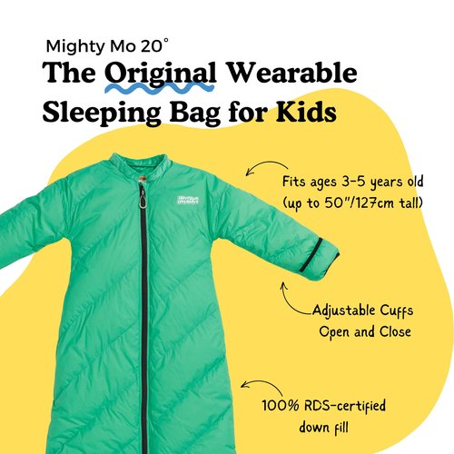 Mighty Mo 20° Down Kids Sleeping Bag (Ages 3-5). The Warmest, Lightest Camping Sleeping Bag for Kids Ages 3-5. (Leapfrog Green)