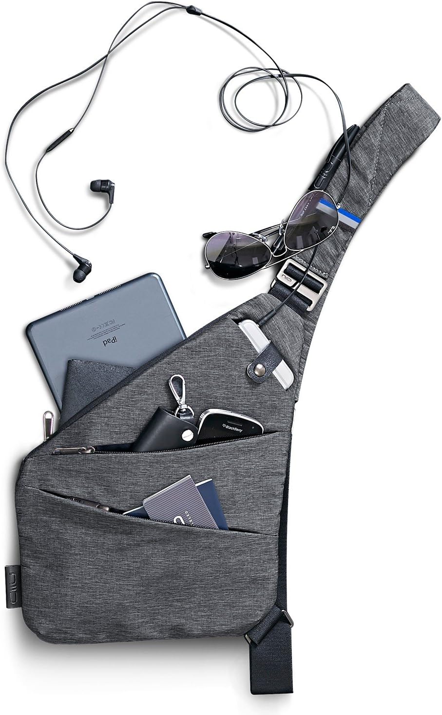NIID FINO Sling Bag Shoulder Crossbody Bag Slim Multipurpose Daypack Cycling Walking Hiking Trip Fits Up to 7.9 inch iPad (Gray Right Hand)