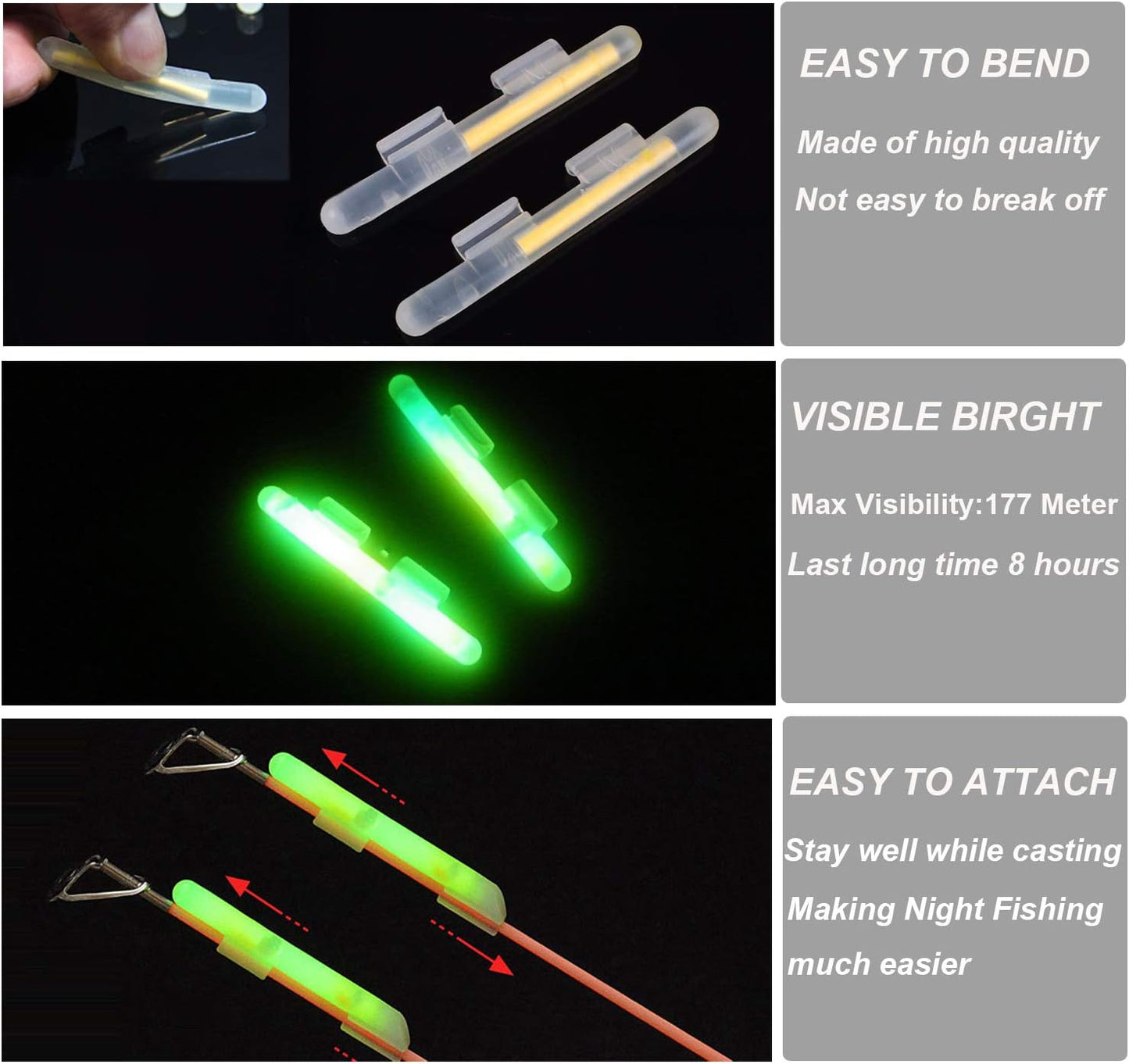 THKFISH Fishing Glow Sticks Rod Tip Glow Sticks Fishing Rod Floats Glow Sticks Fishing Rod Night Fishing Light Fishing Green Fluorescent Light 20pcs(10bags) #M #L #XL
