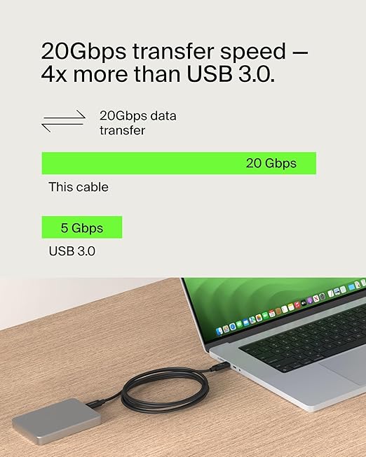 Belkin Connect USB4 Cable (4ft/1.2M Power Cable), USB-C to USB-C Cable w/ 240W Power Delivery + 20Gbps - USB4 Compliant Power Cable, Compatible with MacBook, Windows, Chromebook, & More
