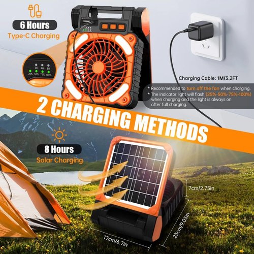 YUEMIDAMY Solar Powered Fan for Camping ，Camping Fan with Light - 10400mAh Rechargeable Battery Fan Ventilator for Tents Home & Outdoor Activities