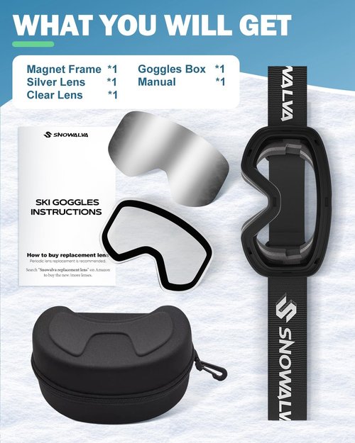 Snowalva Ski Goggles, Frameless Snowboard Goggles with 2 UV400 Magnet Ski Lenses for Men & Women (Silver(vlt 9%) + Clear (Vlt 83.5%))