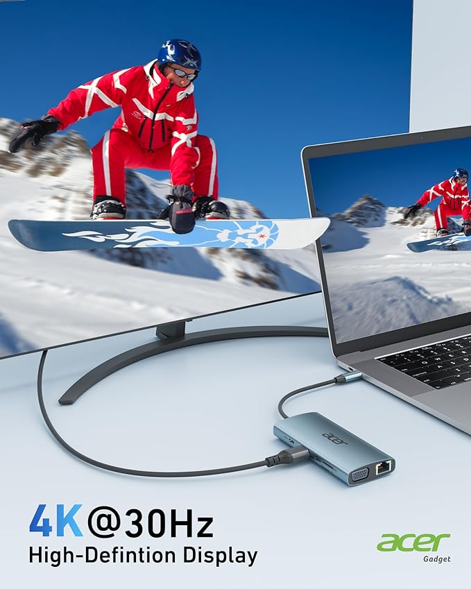 Acer USB C Hub with 4K HDMI, 9-in-1 USB C to Ethernet Adapter, 5Gbps USBA 3.0 Docking Station, VGA Splitter, SD Card Reader, PD 100W Charging for MacBook, Acer, Laptops, Surface and More