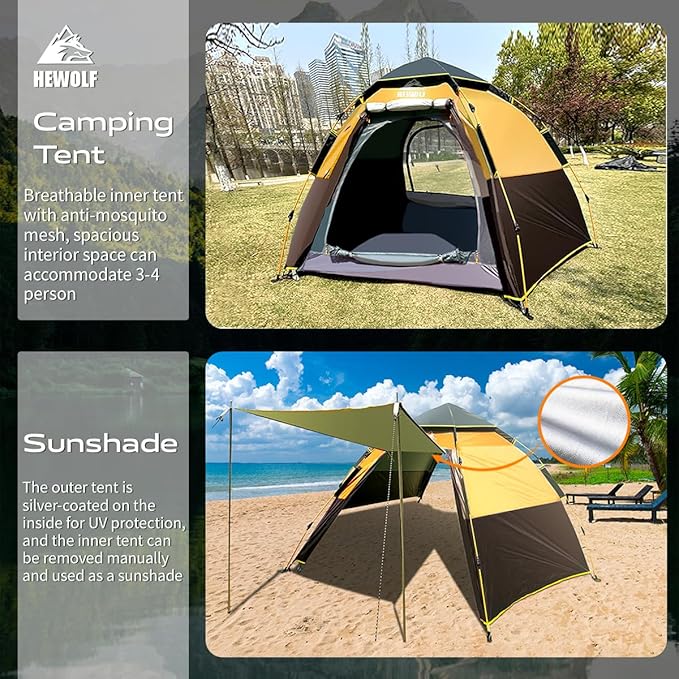 Hewolf 2/3/4 Person Camping Tent - Instant Pop Up Waterproof 2 Doors Tent with Easy Setup | 3-Season Hexagonal Dome Design for Family, Hiking & Traveling