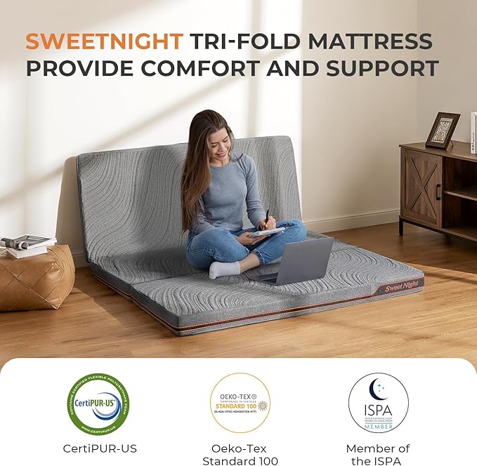 Sweetnight 4 Inch Folding Mattress - Single Size Trifold Mattress Grey with Breathable Cover & Non-Slip Bottom| Portable Floor Mattress for Camping,Travel,RV,Guest Room