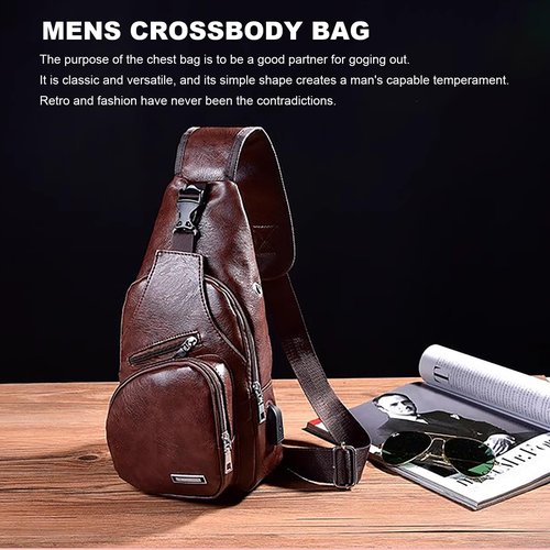 Peicees Pack of 2 Large&Medium Leather Sling Bag Mens Crossbody Bag Chest Bag Sling Backpack for Men with USB Charge Port, Classic Large Dark Brown & Classic Medium Black