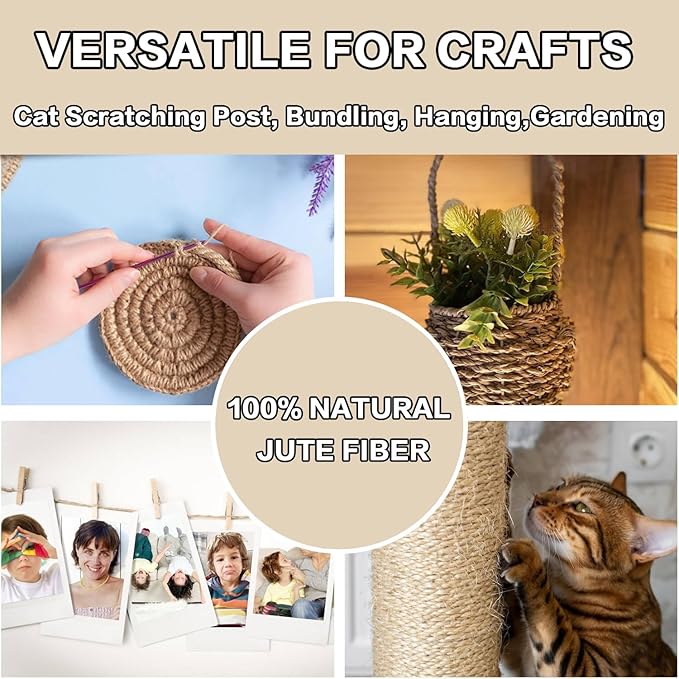 Natural Jute Rope Hemp Rope 3/8 Inch(10 mm) × 200 Ft(60 M) Strong 4 Strands Twisted Manila Thick Jute Twine for DIY Crafts, Cat Scratch Post, Gardening, Decorating, Bundle, Hanging