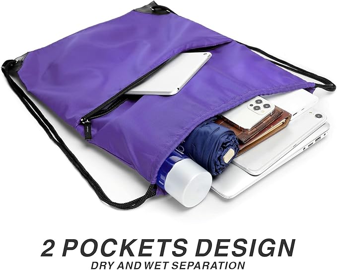 BuyAgain Drawstring Backpack Sports Water Resistant String Bag Sport Gym Sackpack for Women Men Large with Zipper, Purple