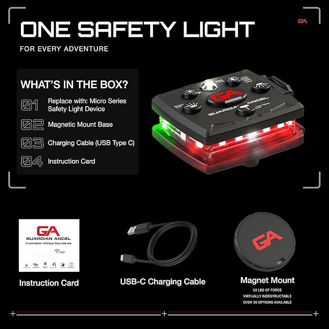 Guardian Angel Micro Series Safety Lights, Beacon Device (Red Front & Green Rear) | Rechargeable, Magnetic & Hands-Free Wearable LED Light for Dog Walking, Cycling, Camping & Kayak