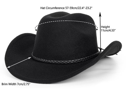 Women Men Classic Felt Wide Brim Western Cowboy Cowgirl Hat Rodeo Hat with Belt Black