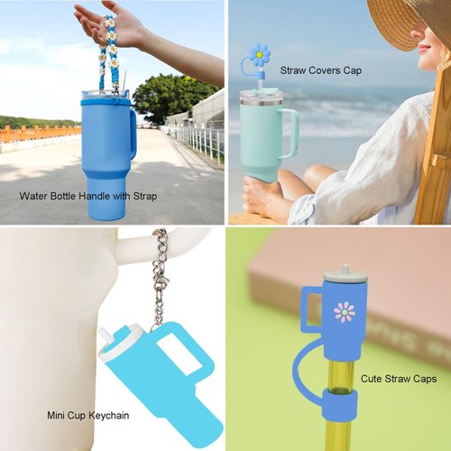 Wohoyee Water Bottle Handle Strap with Lipstick Holder, Silicone Straw Covers, Mini Cup Keychain Compatible with Flask & Stanley Cup Fits Most 16-40oz Water Bottle (Blue)