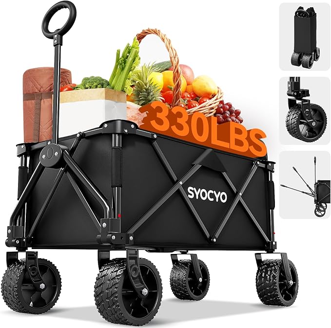 Collapsible Folding Wagon Cart, Heavy Duty Wagon Foldable with 330lbs Weight Capacity, Utility Garden Cart, Beach Wagons with All-Terrain Wheels for Camping, Sports, Shopping, Black