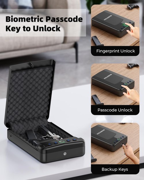 HOLEWOR Car Gun Safe, Small Pistol Safe Biometric Gun Lock Box for Handgun, Portable Fingerprint Quick Access Travel Gun Case for Nightstand Bedside