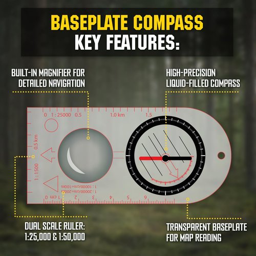 M‑Tac Liquid Filled Baseplate Compass – Glow‑in‑Dark Orienteering/Map‑Reading Compass for Hiking, Survival, Camping, Hunting, Navigation Set of 3