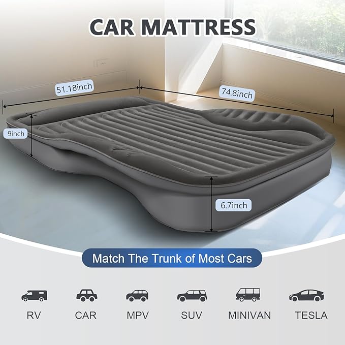 Self-Inflating SUV Air Mattress with Built in Electric Pump，car air Mattress with Pillow for Trunk，Portable car Mattress for Travle and Camping, Black