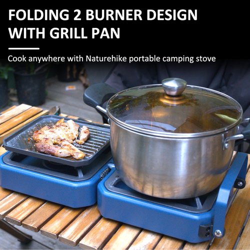 2 Burner Propane Camping Stove with Grill - CloudHand Foldable Camp Stove with 16,000 BTU, Two Adjustable Burners with Piezo Ignition & Easy Carrying Handle (Blue) (Large)