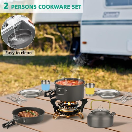 Camping Cooking Set 17pcs, Camping Cookware with Aluminum Non-Stick Pot Pan Kettle Set and 2 Set Stainless Steel Cups Plates Forks Knives Spoons for Backpacking Hiking, Camping Cooking