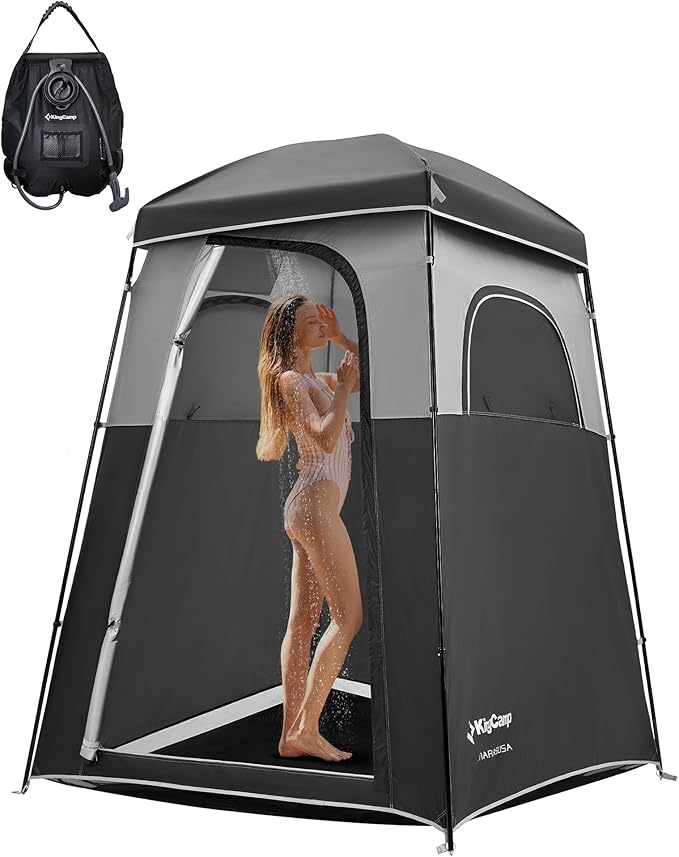 KingCamp Camping Shower Tent, Portable Outdoor Privacy Toilet & Changing Tent Windproof & Waterproof Easy Setup 1 or 2 Room Shelter with Shower Bag for Camping Hiking Beach