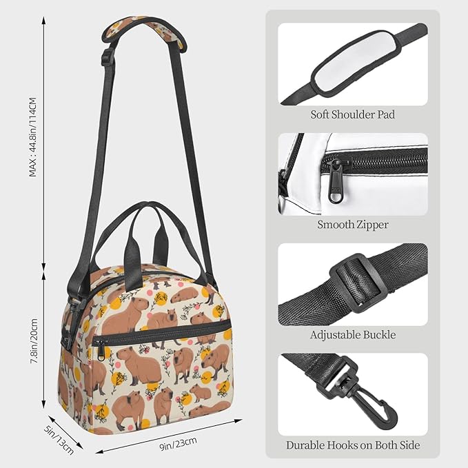 bassyil Capybara Insulated Lunch Bag Reusable Lunch Box With Adjustable Shoulder Strap Cooler Tote Bag For Men Women
