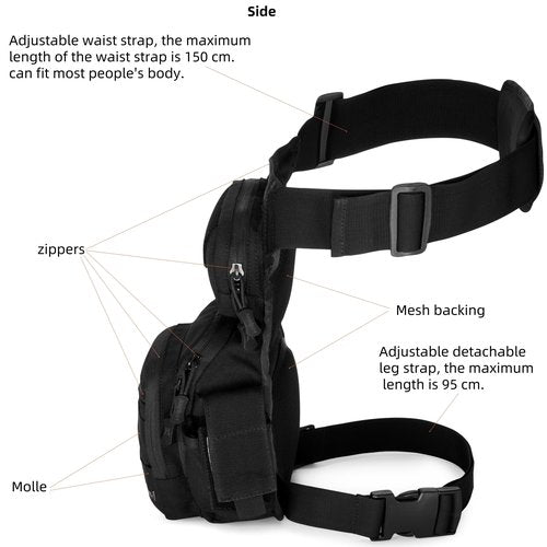 AMHEH Drop Leg Thigh Bag Hip Pouch 4.5L Black | Military, Tactical, Motorcycle, Bike, Cycling, Hiking, Outdoor, Adjustable for Waists Up to 59 Inches