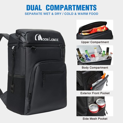 MOON LENCE Backpack Cooler for Men 32 Cans, Camping Backpack Leak Proof w/Multi Insulated Compartments, Portable Lightweight Lunch Backpack for Beach Travel Picnics, Black