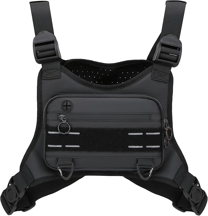 Sports Chest Bag For Men, Water Resistant Lightweight Front Running Vest Bag With Built-In Phone Holder & Extra Storage For Workouts, Cycling (Black)