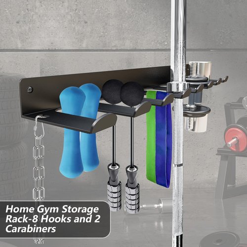 Wall-Mounted Gym Equipment Storage Rack - Home Gym Resistance Band Rack for Resistance Bands, Barbells, Jump Ropes, Lifting Belts, and More | Includes 8 Hooks and Carabiners