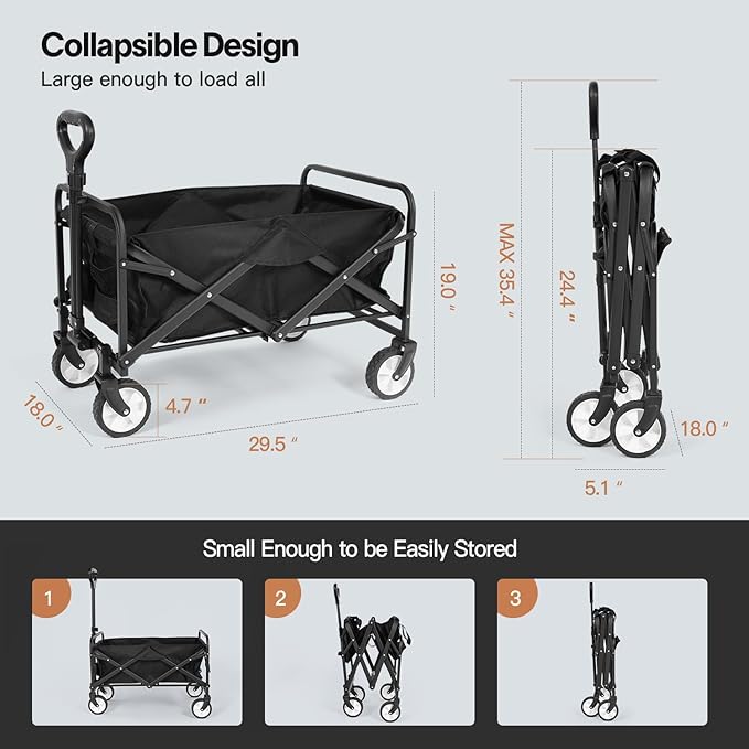 LUBBYGIM Collapsible Folding Wagon with Large Capacity, Utility Wagon Cart Heavy Duty Foldable, Portable Garden Cart for Beach Camping Shopping Sports (Black, 1 Year Warranty)