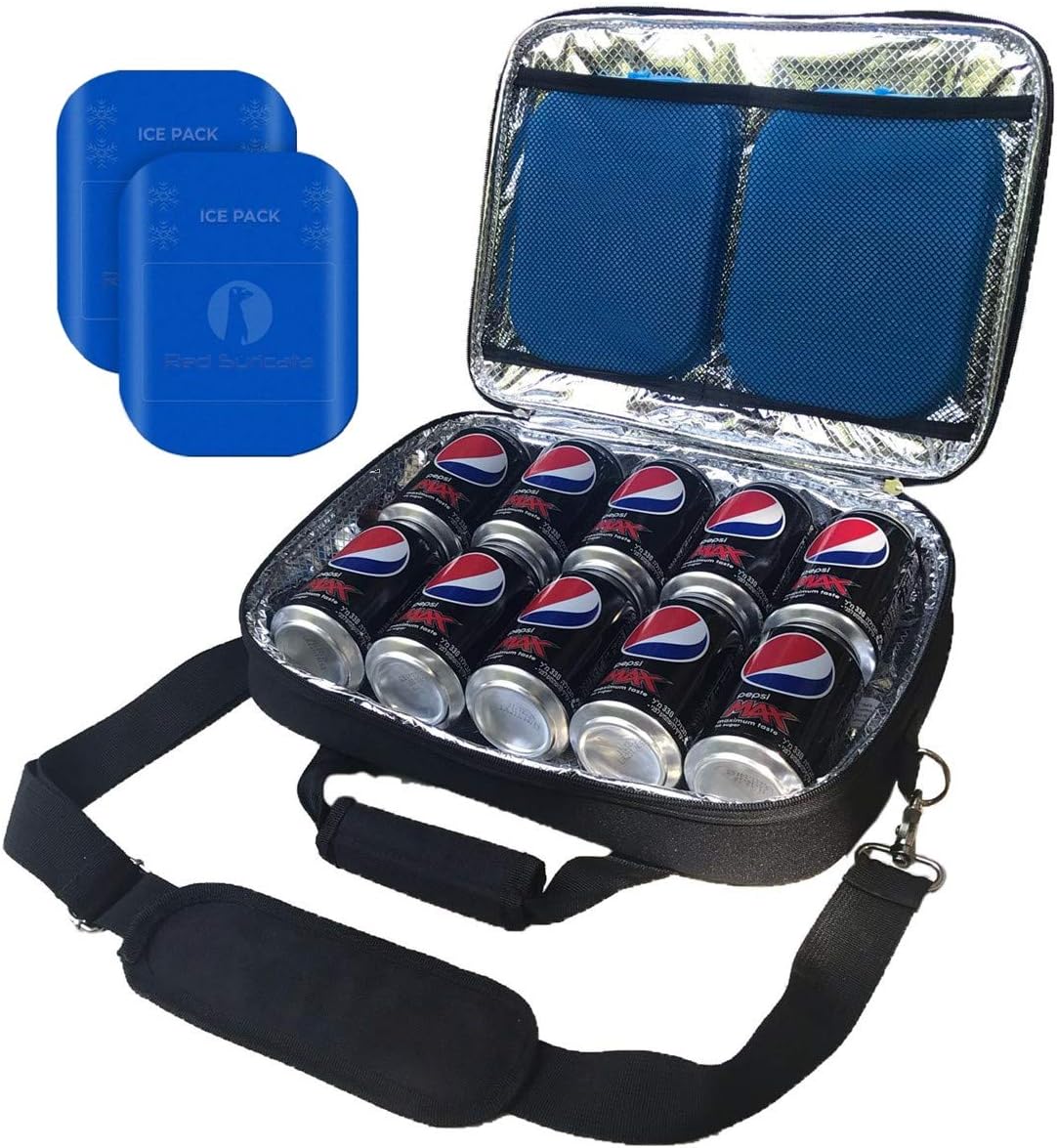 Red Suricata Insulated Slim Cooler – Ultra Thin, Flat Mini Small Cooler Lunch Bag Fits 10 Drink Cans - 2 Slim Reusable Ice Packs Included - Small Iceless Golf Cart Bag for Beer (Black)