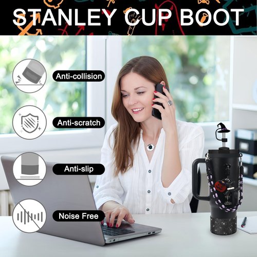 BELSITA Halloween Stanley Cup Accessories Set, Black Pearls Dog Witch Hat Straw Cap Water Bottle Handle Strap, Silicone Stanley Cup Boot, Stanley Charms for Stanley Cup 30/40oz Tumble (7Pcs Dog)