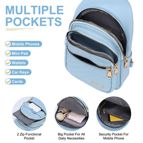 DTGN PU Leather Small Sling Bag Mini Crossbody Backpack Daypack - 7.9" Good for Hiking Travel Running Cycling Sports - Blue