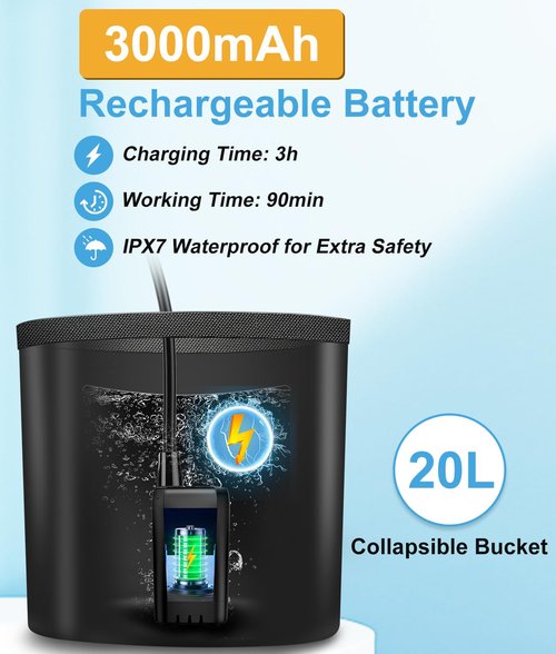 WADEO Portable Shower for Camping, Outdoor Electric Shower Rechargeable Pump with 20L Collapsible Bucket, Camping Shower Head Nozzle for Camping, Hiking, Traveling, Washing