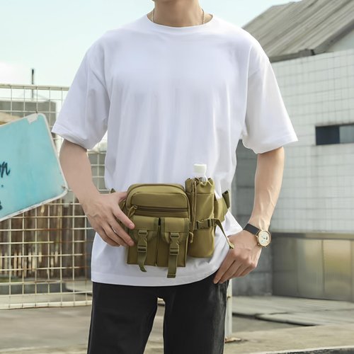 DOB SECHS Hiking Waist Bag with Detachable Water Bottle Holder and Adjustable Waist Belt Oxford Fanny Pack for Men Women Causal Belt Bag for Travel Outdoor Fishing Running Hiking Hunting,Khaki