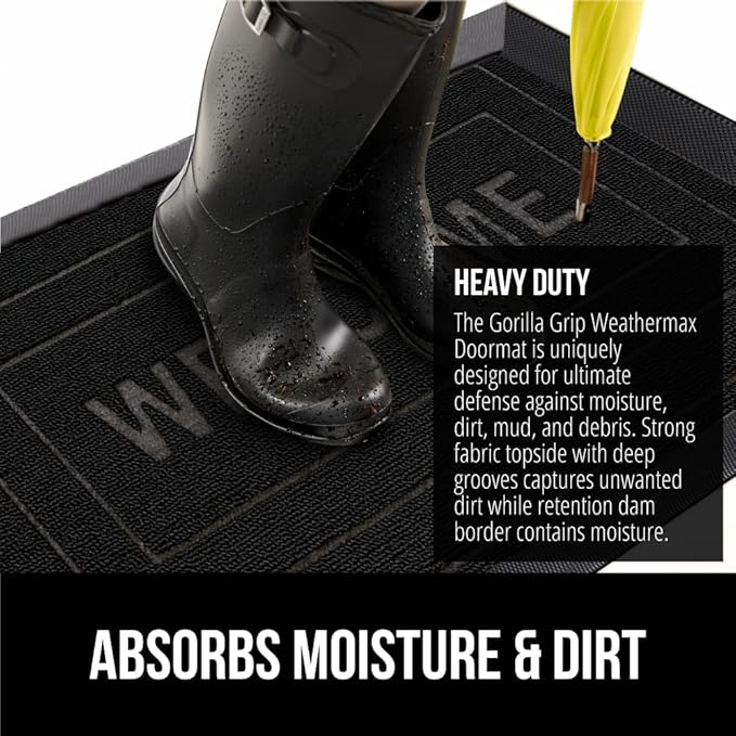 GORILLA GRIP 100% Waterproof All-Season WeatherMax Doormat, Durable Natural Rubber, Stain and Fade Resistant, Low Profile, Indoor Outdoor Door Mats, Easy Clean Entrance Mat, 17x29, Black Welcome