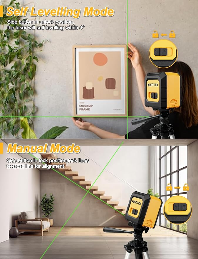 Laser Level with Tripod, Self-Leveling Green Beam Horizontal and Vertical Cross-Line Laser for Home Decoration Carrying Pouch, Battery Included