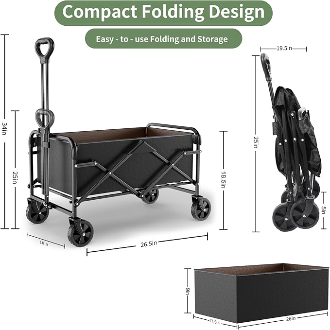 Collapsible Wagon Cart with 5" Removable 360° Swivel Wheels & Handle Adjustable, 220lbs Capacity， Waterproof 600D Oxford Fabric & MDF Base, All-Terrain Portable Utility Cart for Shopping, Garden， Pet