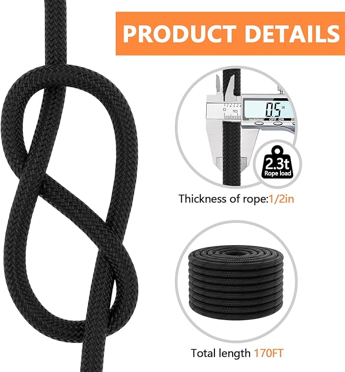 X XBEN Braided Polyester Arborist Rope 1/2 inch X 170ft, 48 Strands, 12 Inner core,5174 LBS Breaking Strength Outdoor Ropes, Arborist Rigging Rope for Rock Hiking Camping Swing Tree Rescue,Black