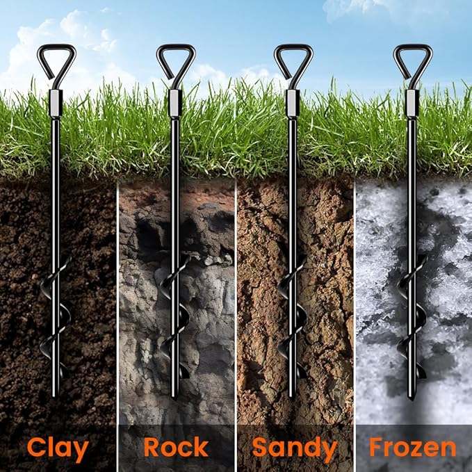 Ground Anchors Screw in Tent Stakes Heavy Duty Trampoline Stakes High Winds, Ground Anchors for Camping Tent, Canopies, Carports, Sheds, Swing Sets, Canopy Stakes Kit, Mobile Home Anchors 8 Pack