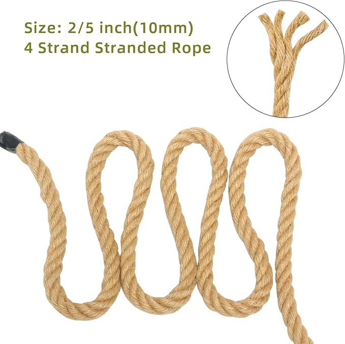 Hemp Rope 2/5 Inch 200 Feet Jute Rope, Natural Heavy Duty Rope, Twisted Hemp Rope for Deer, Thick Rope Tug of War Rope, Nautical Rope for Crafts Swing Rope, Home Decorating Gardening Bundling
