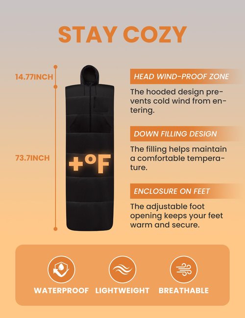 Relexit Adult Wearable Sleeping Bag with Hoodie, Sleeveless Design Adjustable Drawstring Waterproof Wearable Sleeping Bag Ideal for Camping, Cold Weather Black