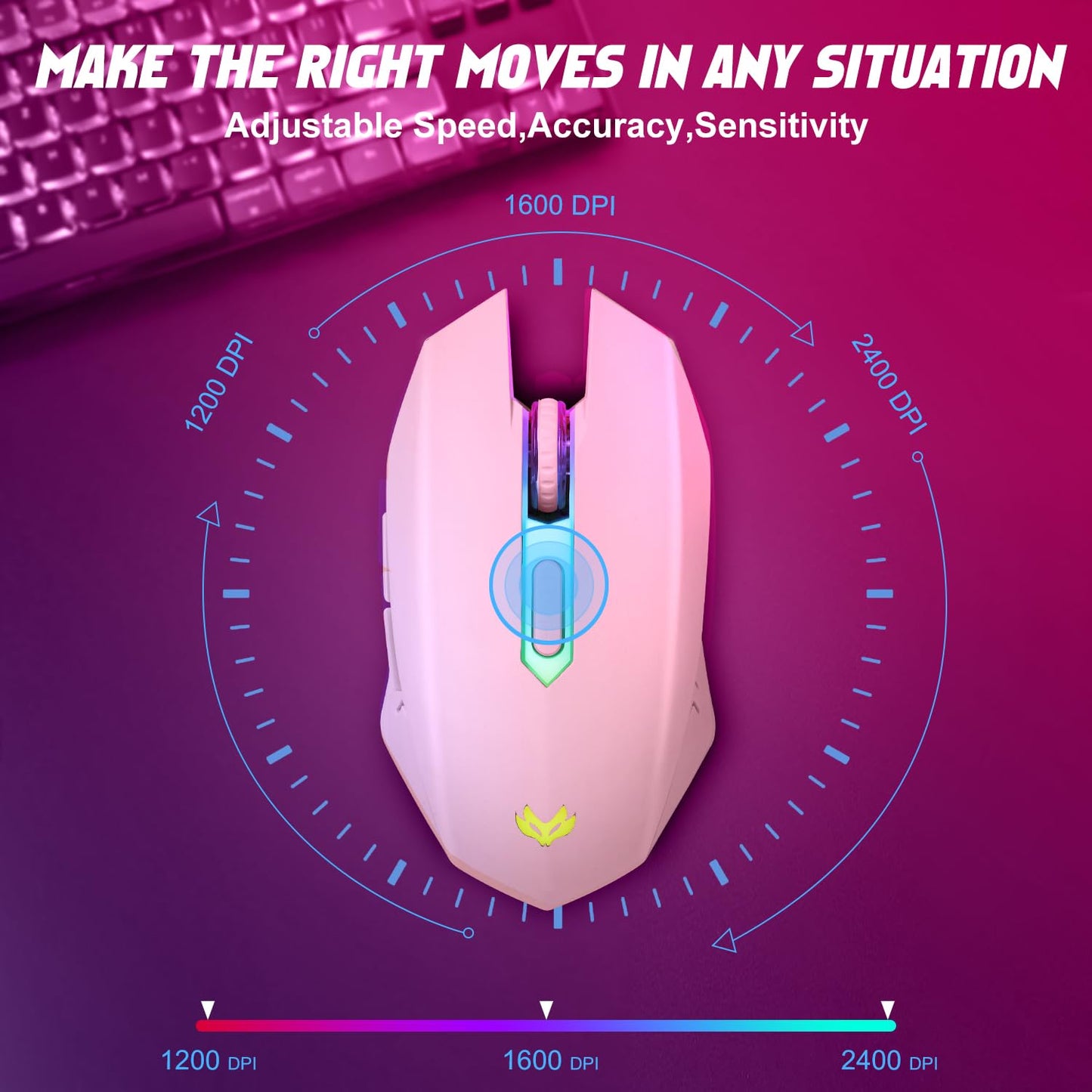 Wireless Gaming Mouse, Rechargeable Wireless Computer Mouse, 7-Color LED Light, Ergonomic Mouse with 6 Silent Click Buttons, 3 Adjustable 2400 DPI Wireless Mouse for Laptop,PC,Mac, Black