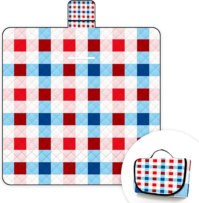 Portable Waterproof Picnic Blanket,Picnic Blankets Extra Large Outdoor 80"x80", Machine Washable, Extra Large Picnic Mat for Grass Concert, Park, Lawn,Travel,Light Blue Pink Gingham