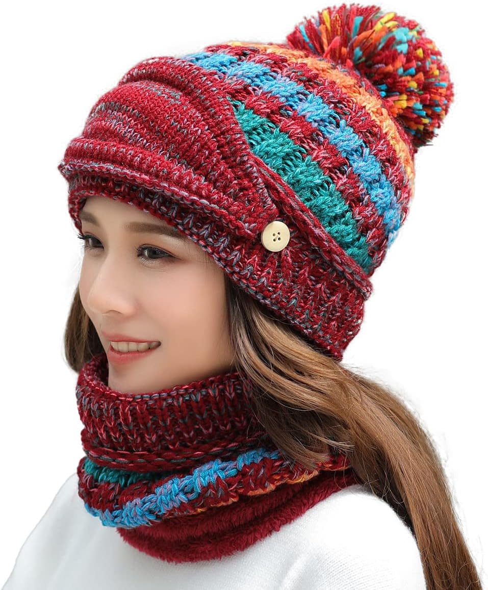 Ypser Women's Winter Warm Knitted Crochet Hat Fleece Lined Cable Faux Fur Pom Pom Beanie Hat Skull Cap