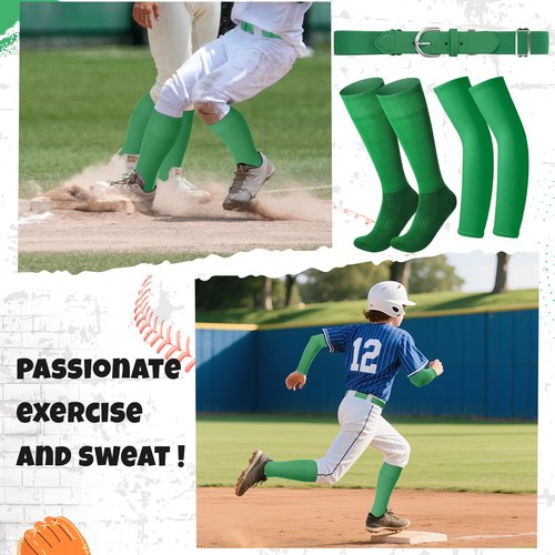 Tradder 1 Pair of Youth Softball Baseball Socks Baseball Belt and Arm Sleeve Combo for Men Boy Girl Football Sports Gift Set(Green)