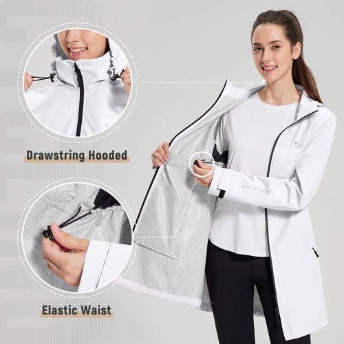 baleaf Women's Long Rain Coat Packable Waterproof Windbreaker Lightweight Cycling Jacket with Hood White M
