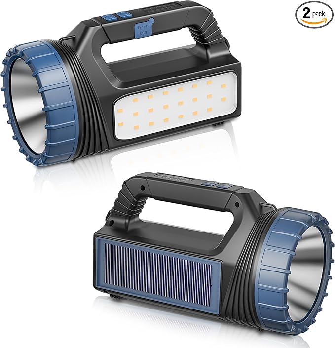 Solar Flashlights, Solar Flashlight for Multi Function 8000 Lumens Led Flashlight with Emergency Strobe Light Emergencies, Led High Lumens, USB C and Large Capacity Battery （2pcs）